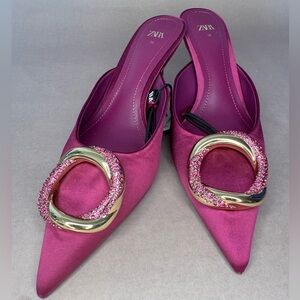 Zara Fuchsia Satin Mules with Gold Detail